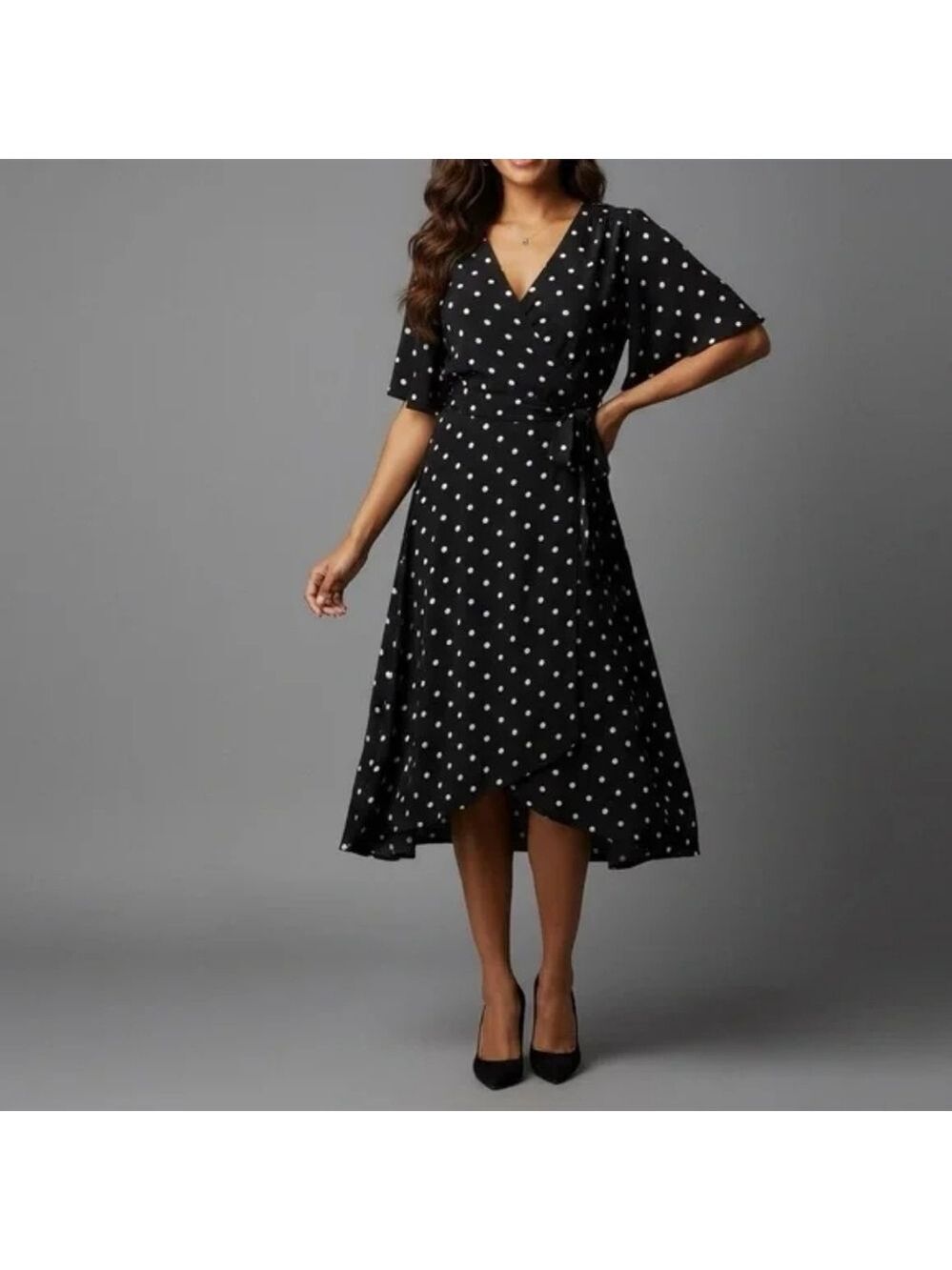 White House Black Market Black White Polka Dot High Low Wrap Dress